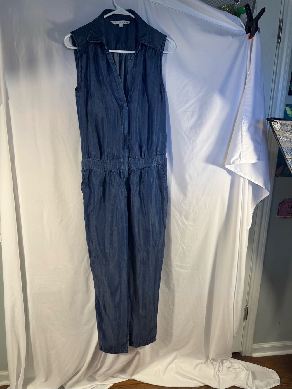 Trina Turk Blue Chambray Utility Jumpsuit Elastic Waist Sz 4 GrandmaCore